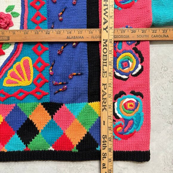 VINTAGE 80s Carole Little Colorful Floral Handknit Short Sleeve Cardigan Sz M - Picture 8 of 8